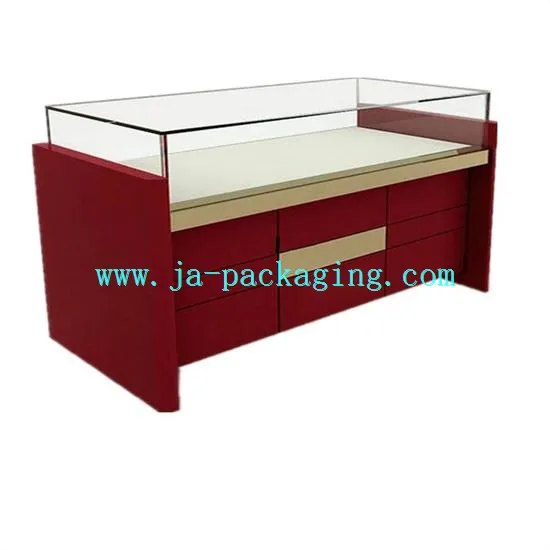 Červená Dřevěná vitrína s skříněmi a zásuvkami